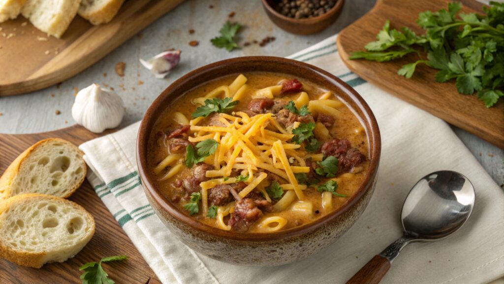 A steaming bowl of cheeseburger pasta soup topped with cheddar cheese, parsley, and bacon bits, served with garlic bread on a rustic table.