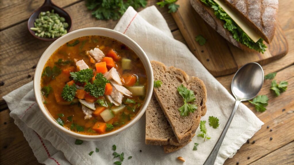 Warm bowl of vegetable soup paired with a fresh turkey sandwich on whole-grain bread.