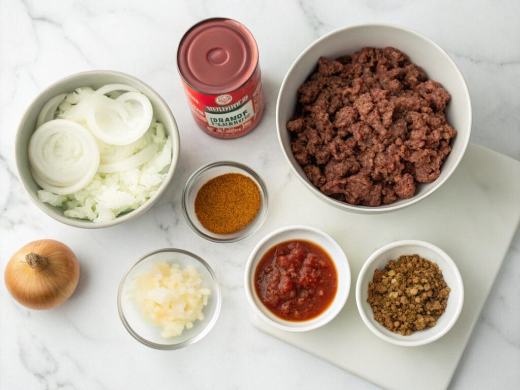 Side-by-side comparison of ingredients for homemade sloppy joe sauce and a can of Manwich with browned ground beef.