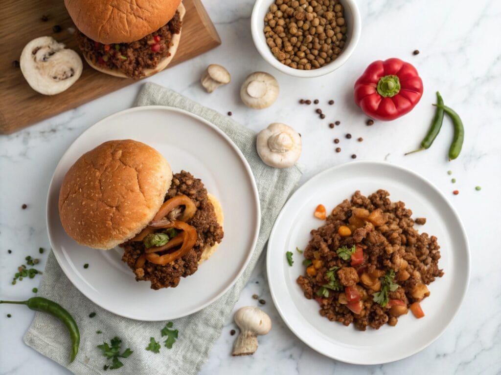 Overhead view comparing sloppy joe and sloppy jane sandwiches, with fresh ingredients displayed around them.