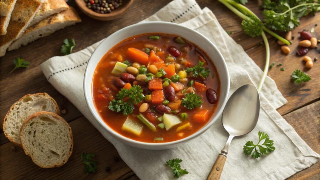 A vibrant bowl of hearty vegetable soup with carrots, celery, and beans, garnished with parsley, served on a rustic table.