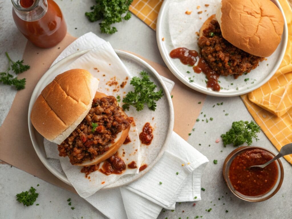 Two plates featuring a messy Sloppy Joe spilling beef and a neat Sloppy Jane with lentil filling, served with napkins for a playful touch.