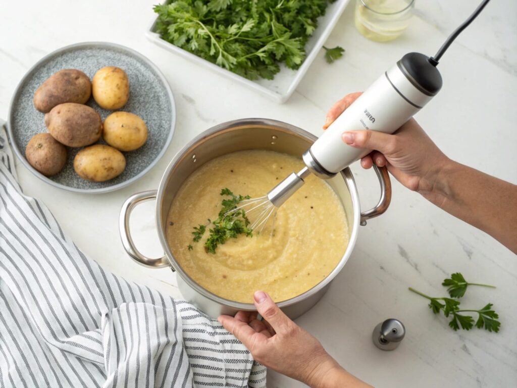 Immersion blender in action blending potato soup to a smooth consistency.