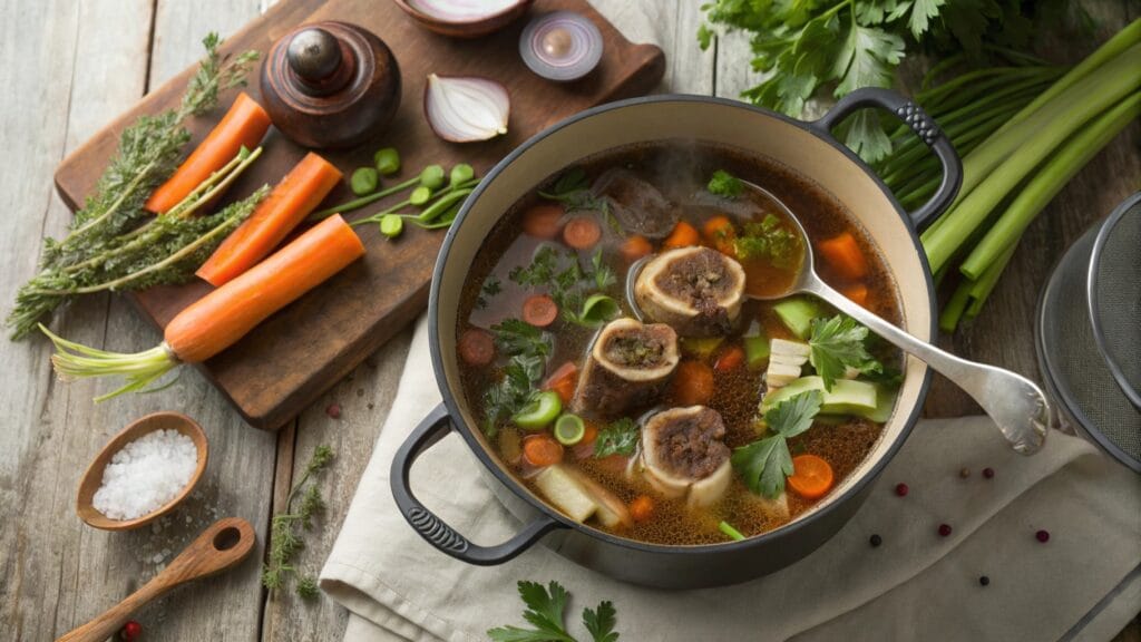 Simmering soup with beef marrow bones, fresh herbs, and vegetables.