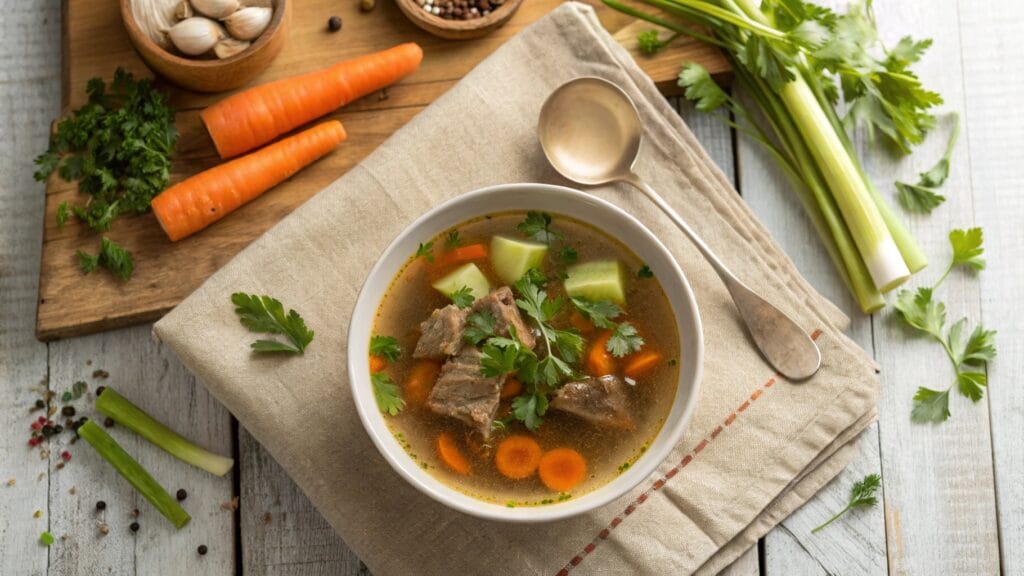 A bowl of steaming homemade bone broth with soup bones, vegetables, and fresh herbs.