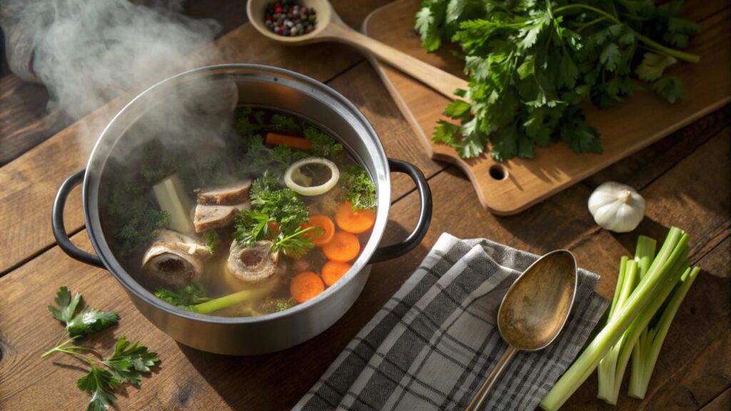 Simmering pot of bone broth with soup bones, fresh herbs, and vegetables.