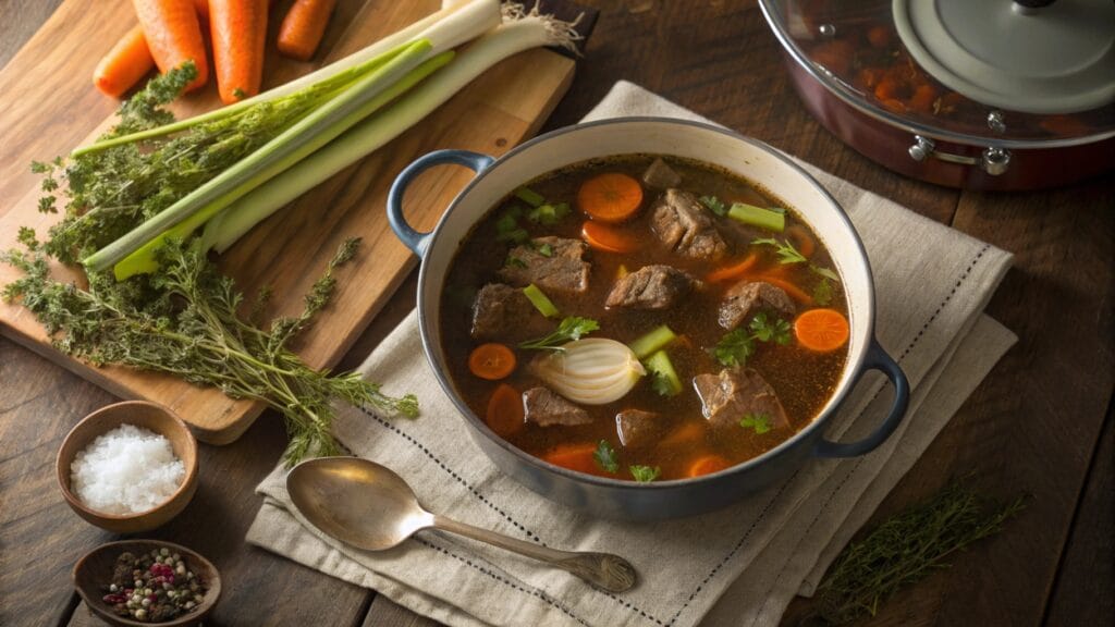 Simmering pot of soup with beef soup bones and fresh vegetables in a rustic kitchen.