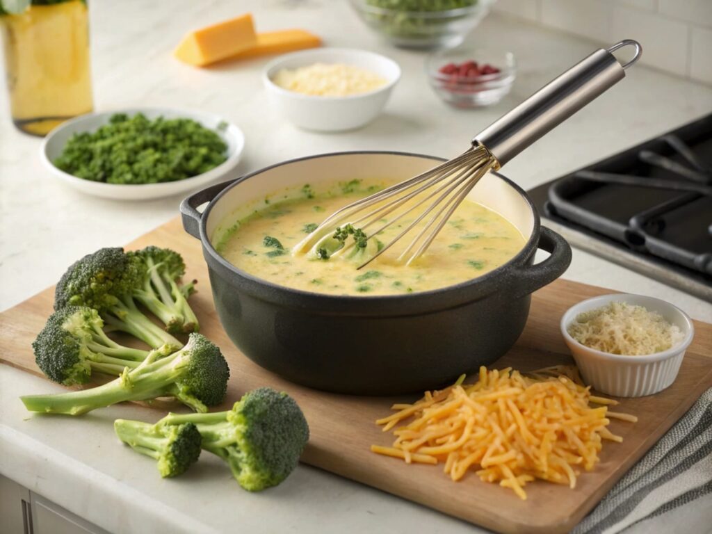 Pot of Bear Creek cheddar broccoli soup being whisked with cheese on a stovetop.