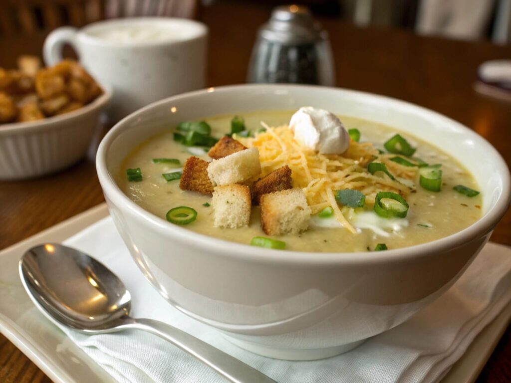 Potato soup topped with scallions, croutons, cheese, and sour cream in a bowl.