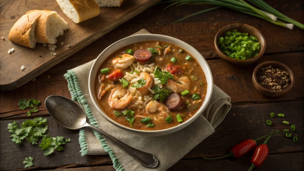 Steaming bowl of Bear Creek gumbo with rice, chicken, shrimp, and sausage, garnished with parsley, on a rustic table.