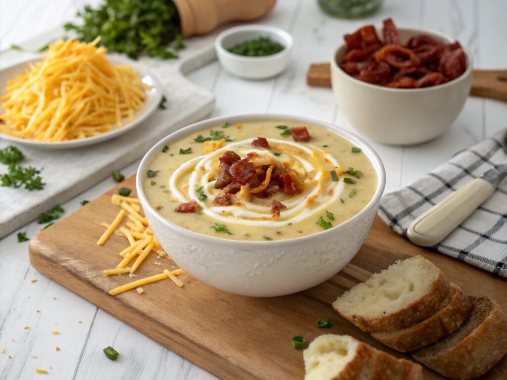 A bowl of Bear Creek potato soup with bacon, cheddar, and a swirl of cream served on a kitchen counter.